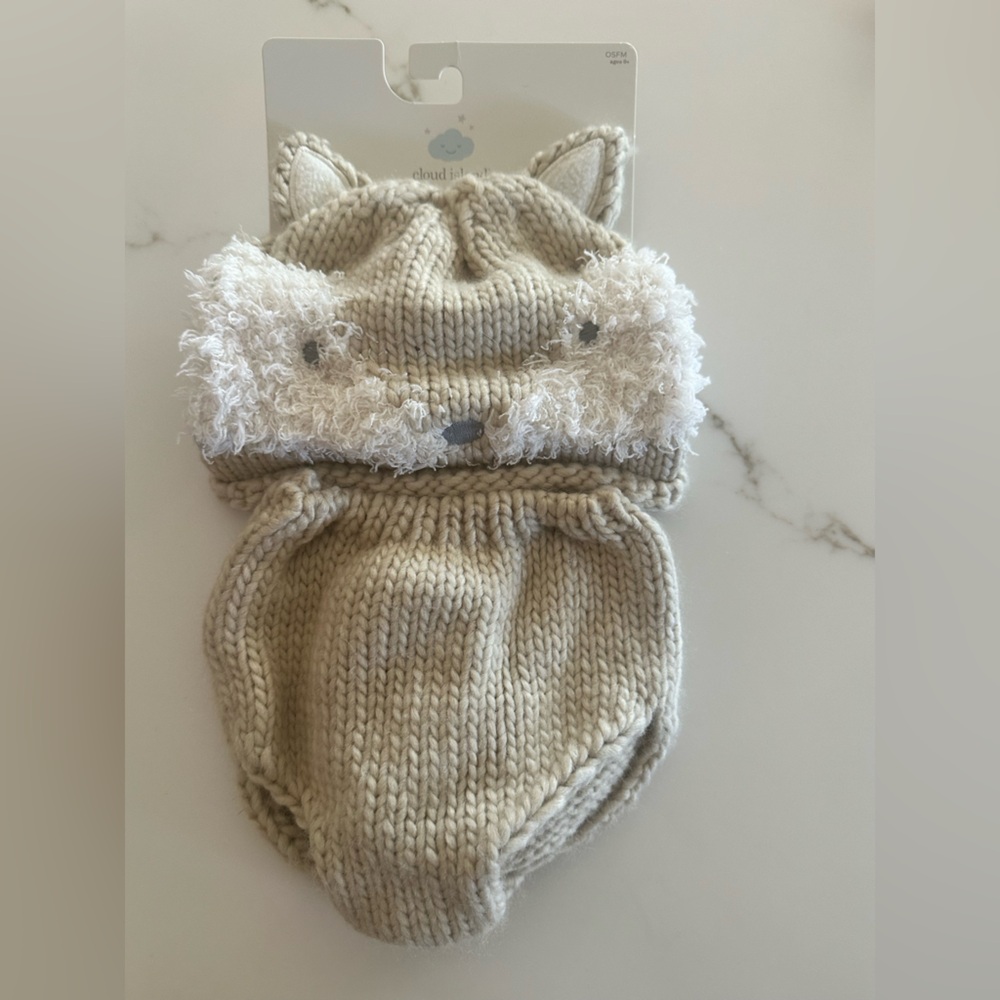 NWT Infant Beige Knit Beanie and bottom set with Animal Ears and tail